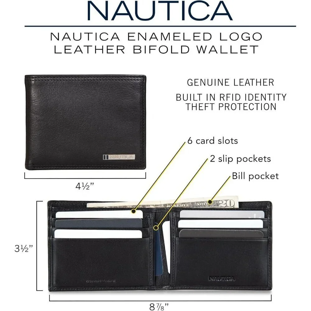 Men's Logo - Black Bifold Leather Wallet RFID Blocking ID Window Card Slots